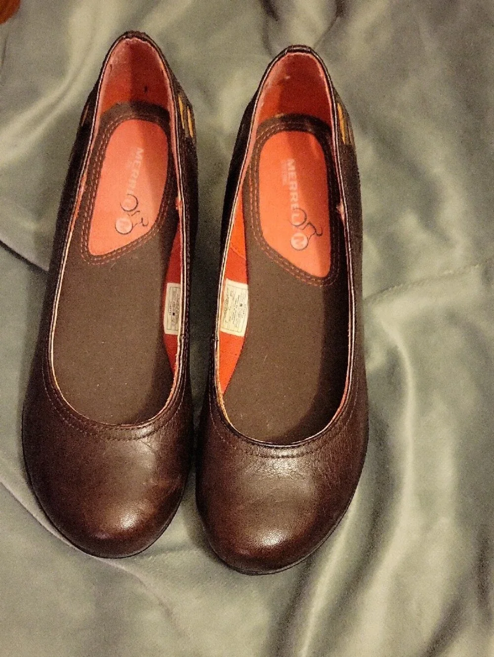 Merrell Dark Brown Leather Wedge Pumps with Red Lining